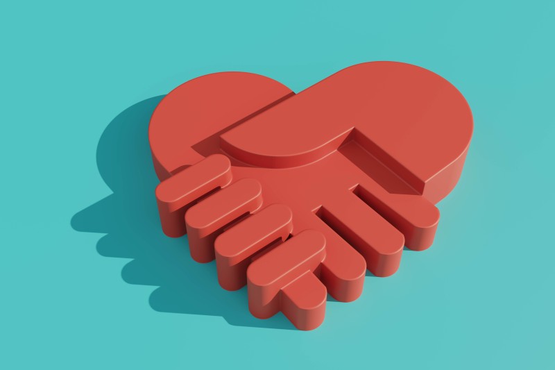 An illustration of two hands making a red heart on a blue background