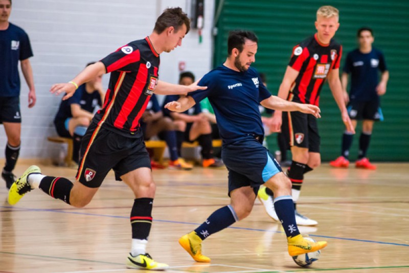 A game of futsal between BU players in SportBU and AFC Bournemouth kits 