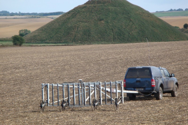 Surveying in the Avebury landscape: Vehicle-towed 16-sensor array in use on Waden Hill in July 2012. 